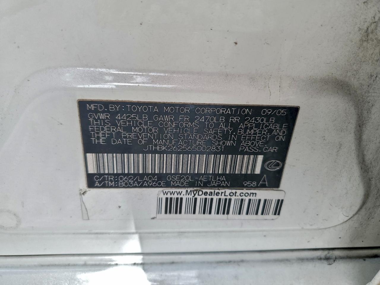 2006 Lexus Is 250 VIN: JTHBK262565002831 Lot: 94406665