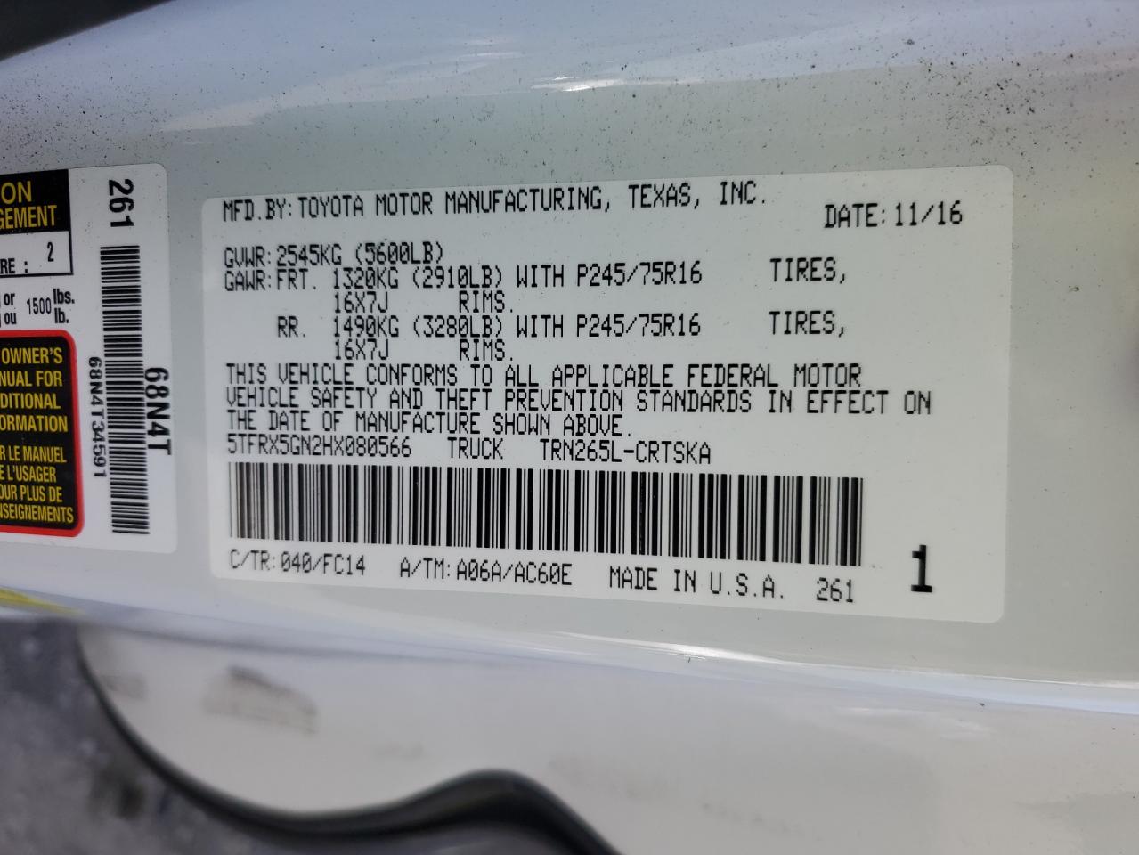 2017 Toyota Tacoma Access Cab VIN: 5TFRX5GN2HX080566 Lot: 92470225