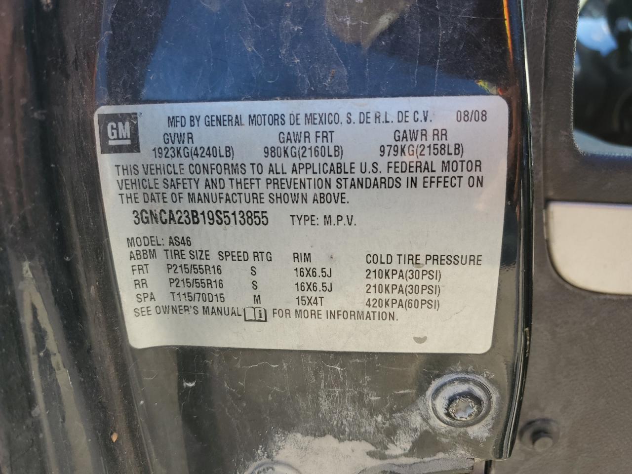 2009 Chevrolet Hhr Lt VIN: 3GNCA23B19S513855 Lot: 91686055