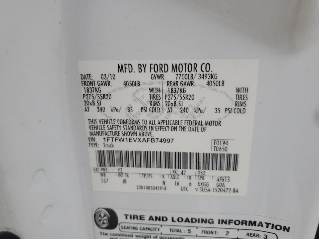 2010 Ford F150 Supercrew VIN: 1FTFW1EVXAFB74997 Lot: 93127835