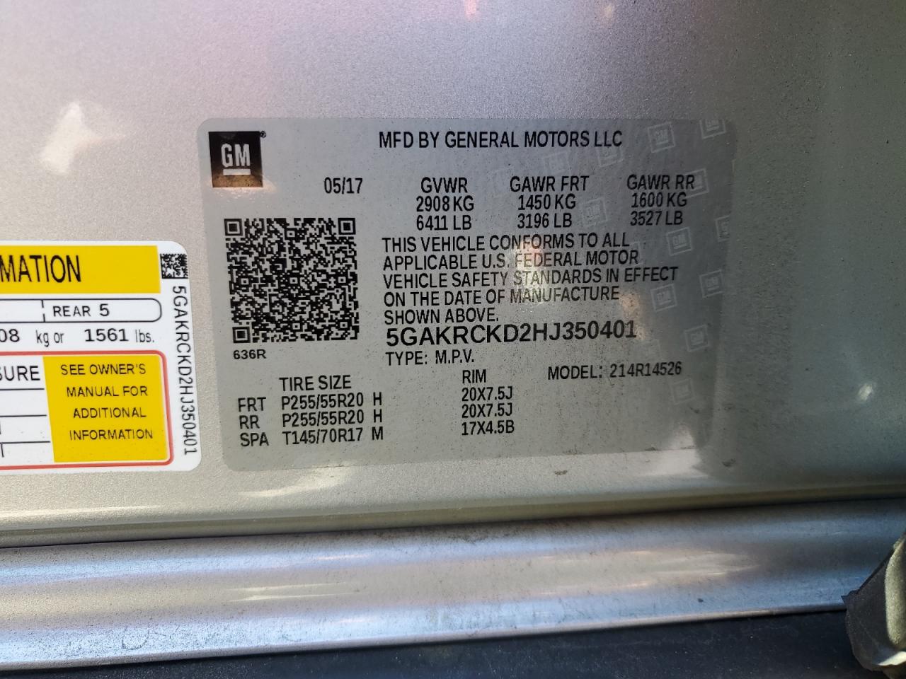 2017 Buick Enclave VIN: 5GAKRCKD2HJ350401 Lot: 90893985