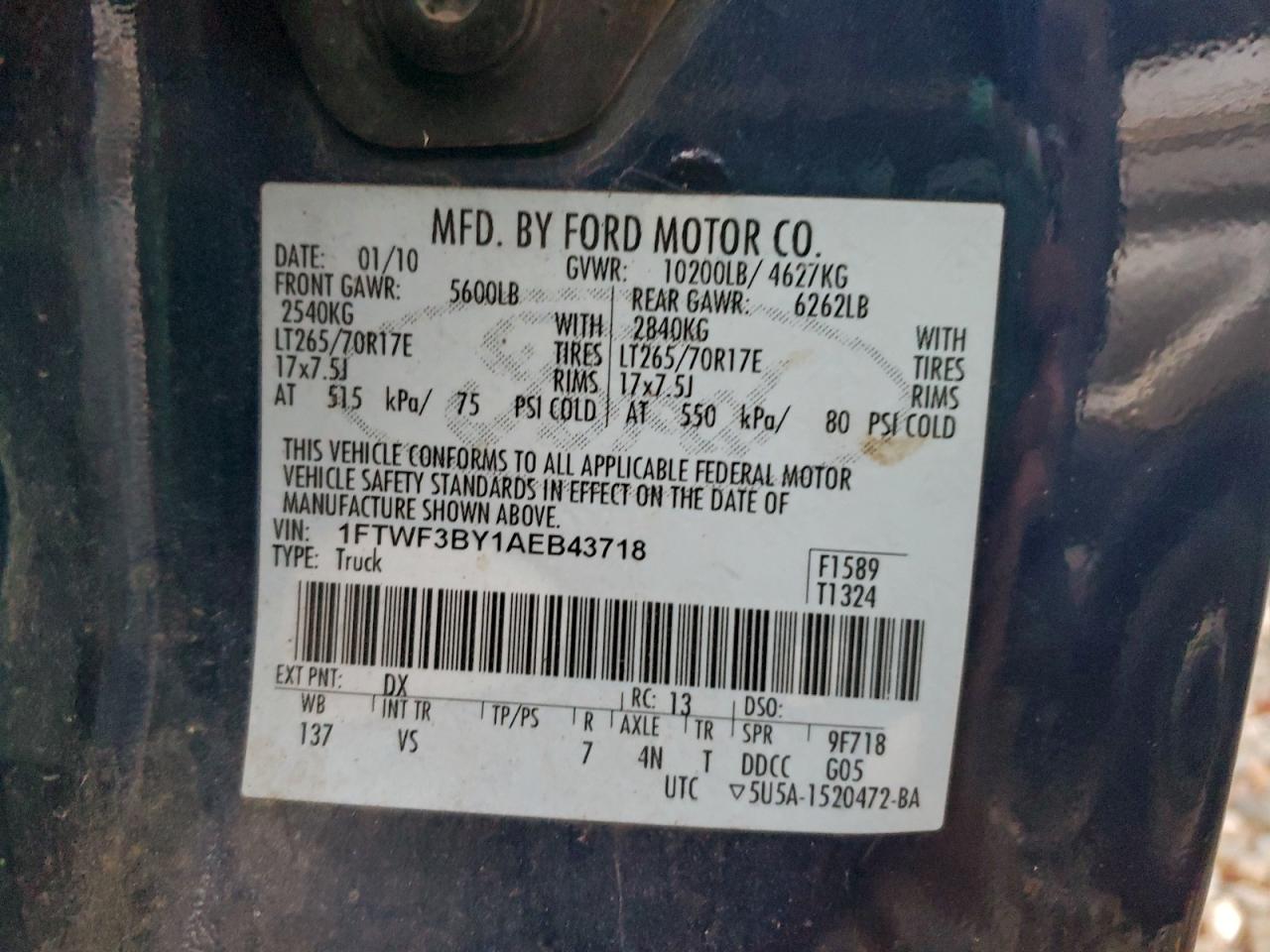 2010 Ford F350 Super Duty VIN: 1FTWF3BY1AEB43718 Lot: 94243075