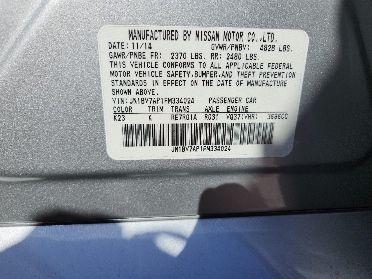 2015 Infiniti Q50 Base VIN: JN1BV7AP1FM334024 Lot: 91392035