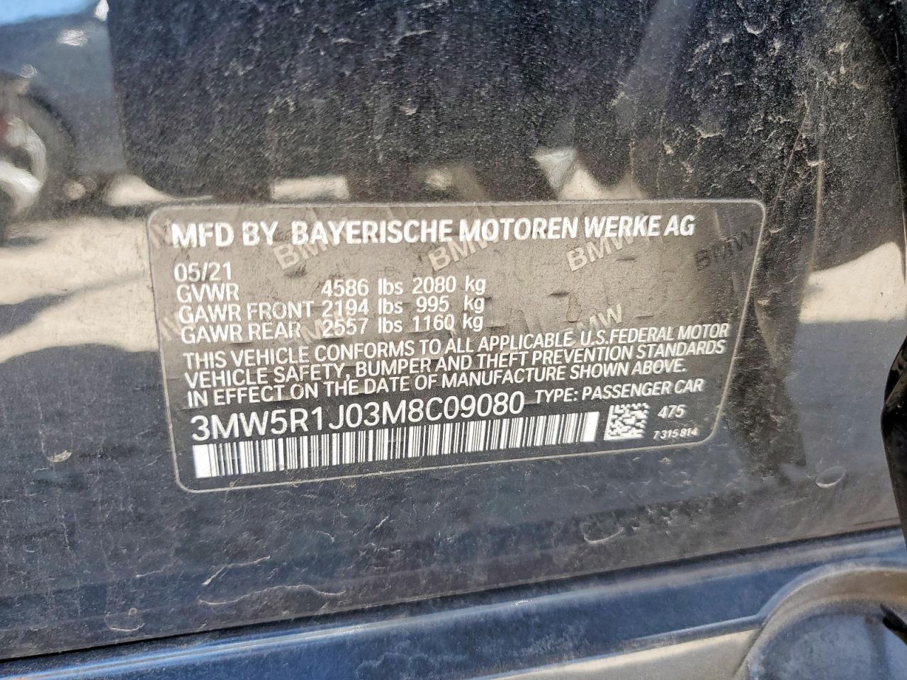 2021 BMW 330I VIN: 3MW5R1J03M8C09080 Lot: 91913655