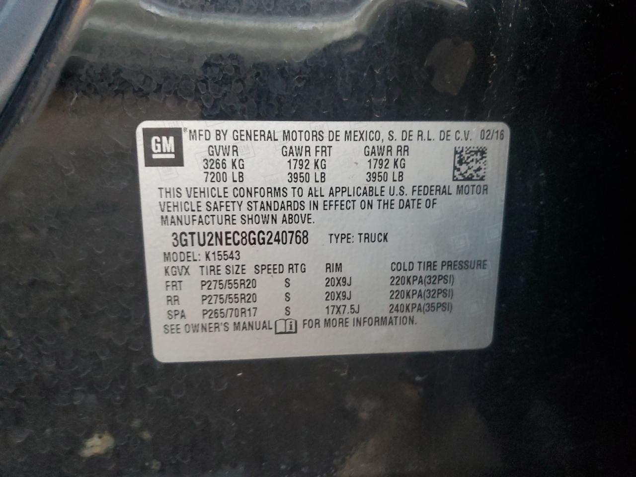 2016 GMC Sierra K1500 Slt VIN: 3GTU2NEC8GG240768 Lot: 93118235