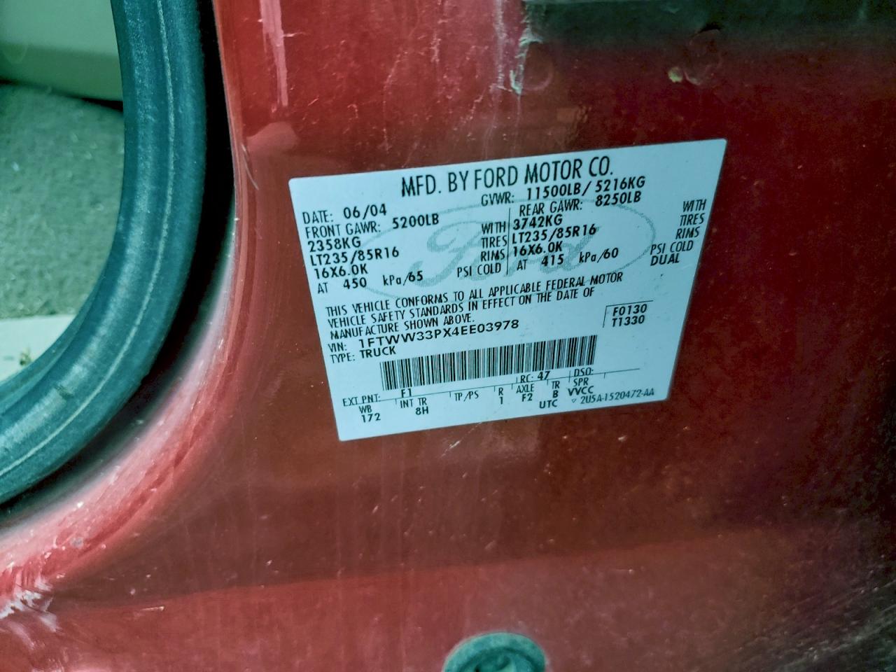 2004 Ford F350 Super Duty VIN: 1FTWW33PX4EE03978 Lot: 93941205