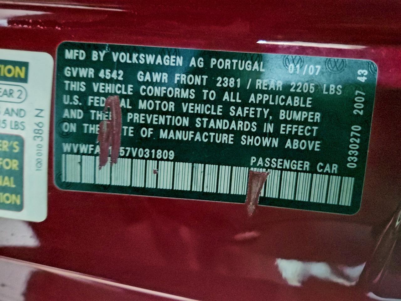 2007 Volkswagen Eos 2.0T Luxury VIN: WVWFA71F57V031809 Lot: 93933735