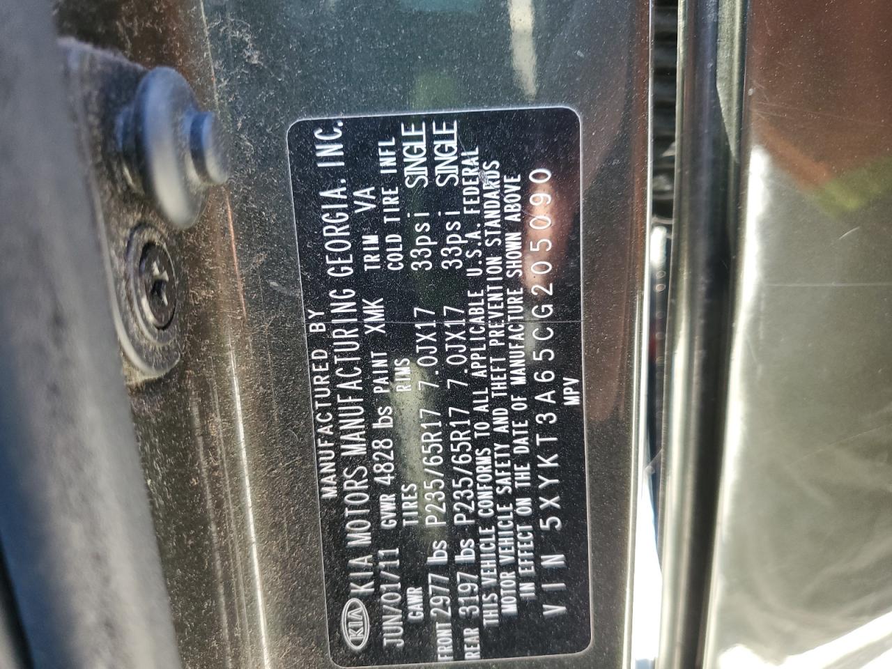 2012 Kia Sorento Base VIN: 5XYKT3A65CG205090 Lot: 92466525