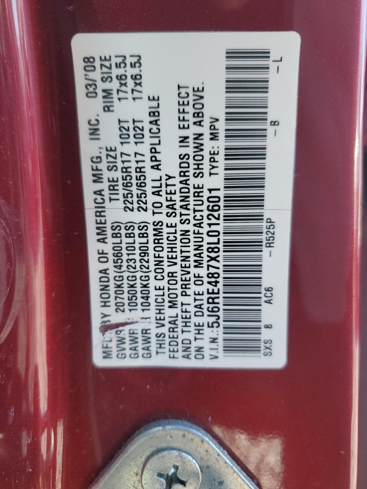 2008 Honda Cr-V Exl VIN: 5J6RE487X8L012601 Lot: 93249915