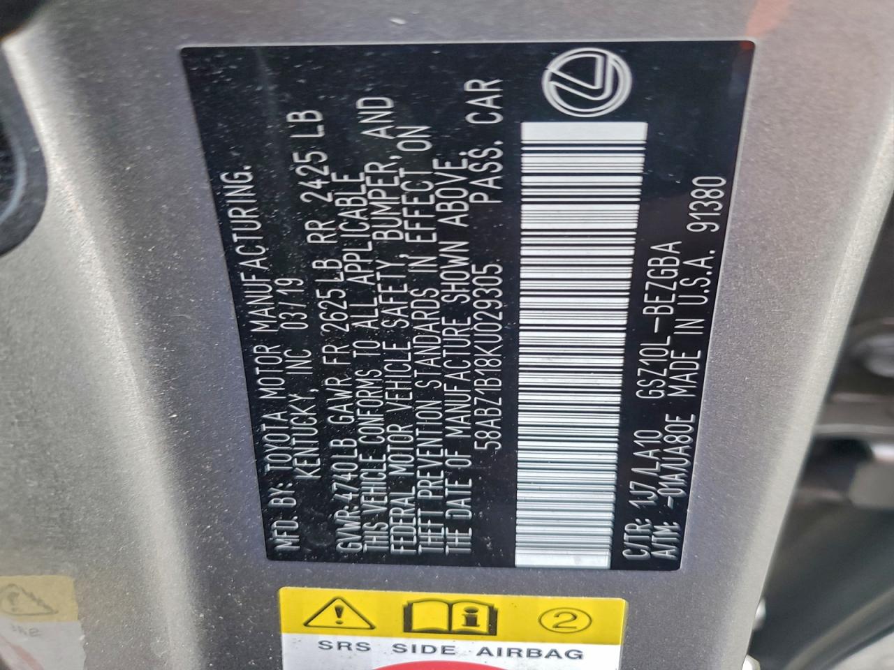 2019 Lexus Es 350 VIN: 58ABZ1B18KU029305 Lot: 94133435