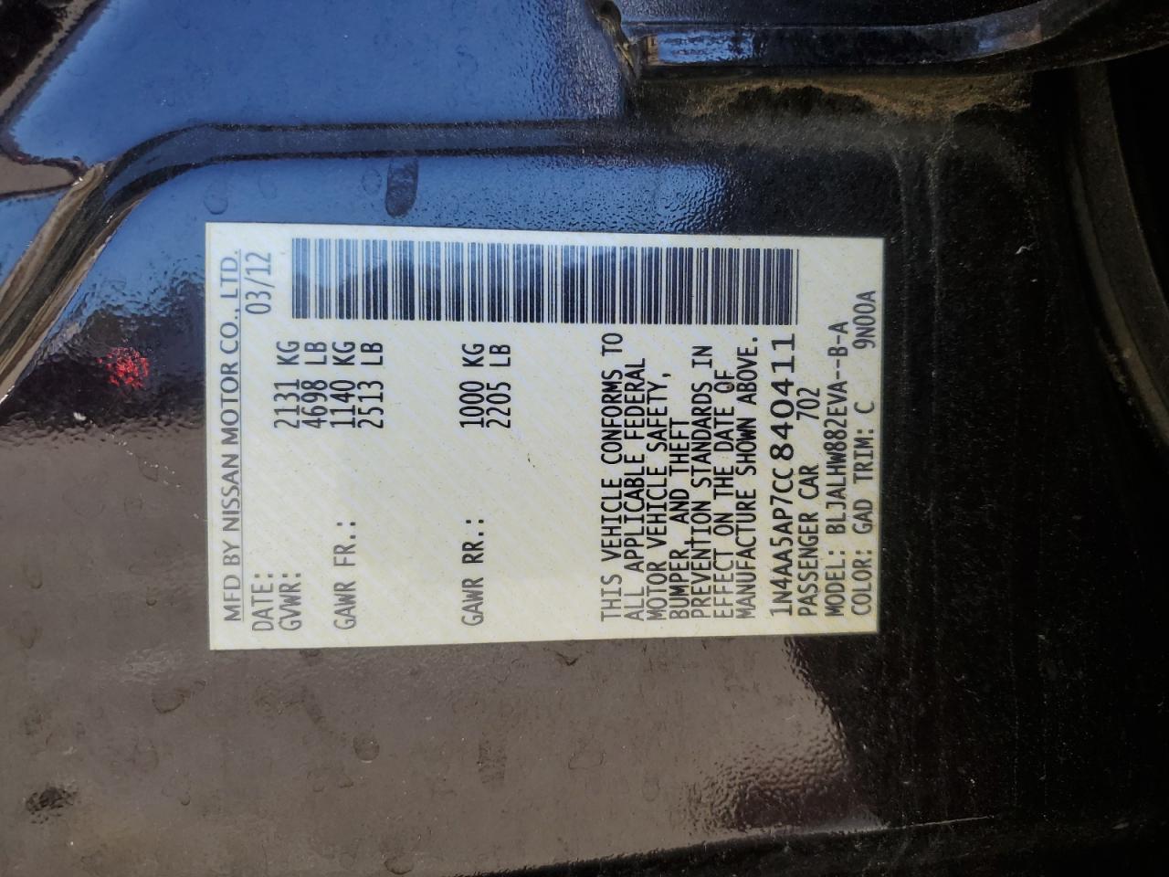 2012 Nissan Maxima S VIN: 1N4AA5AP7CC840411 Lot: 92308405