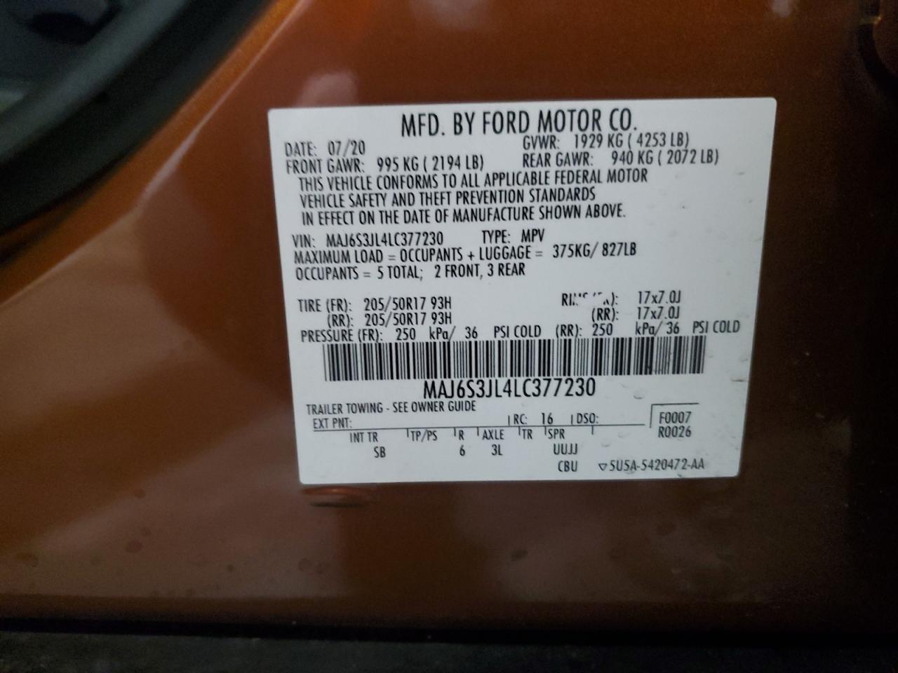 2020 Ford Ecosport Ses VIN: MAJ6S3JL4LC377230 Lot: 92372065