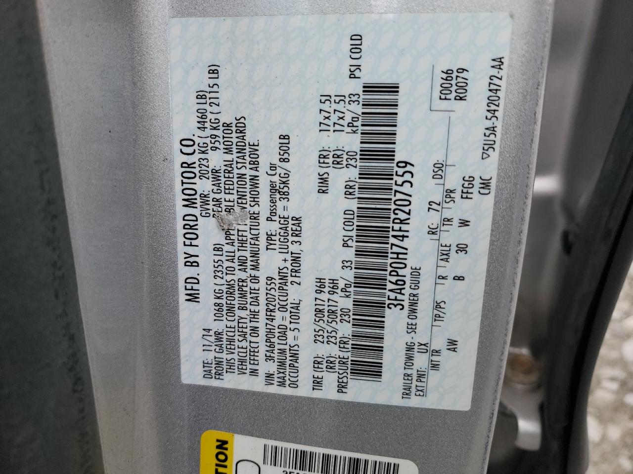 2015 Ford Fusion Se VIN: 3FA6P0H74FR207559 Lot: 92699245