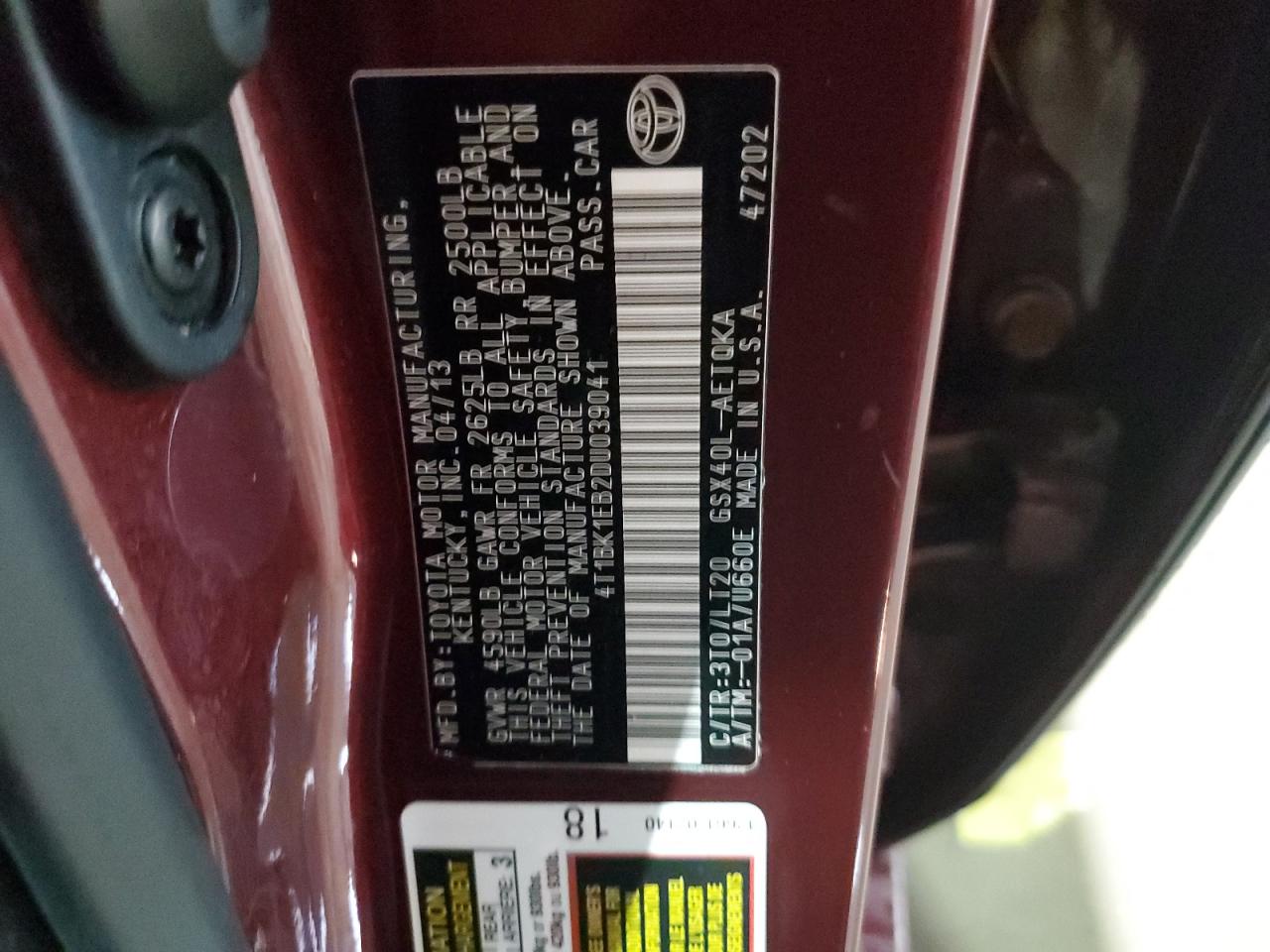 2013 Toyota Avalon Base VIN: 4T1BK1EB2DU039041 Lot: 92181975