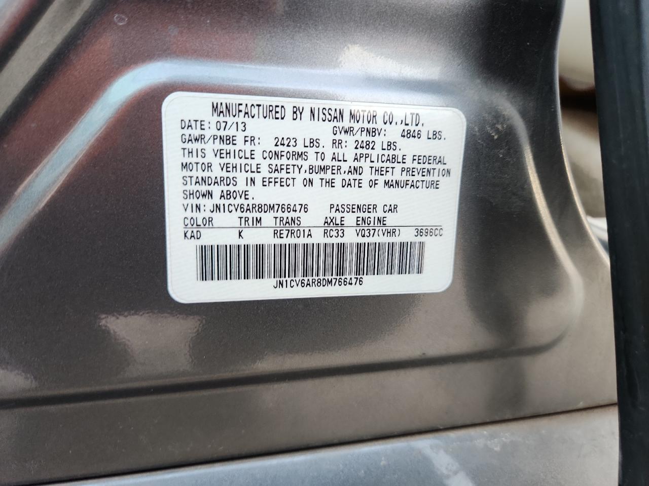 2013 Infiniti G37 VIN: JN1CV6AR8DM766476 Lot: 92511685