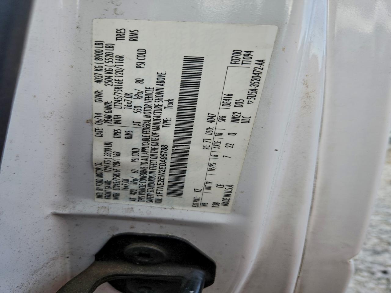 2014 Ford Econoline E250 Van VIN: 1FTNE2EW2EDA95788 Lot: 93227985