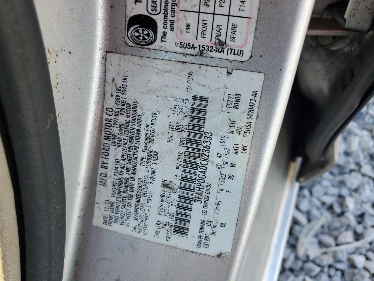 2012 Ford Fusion S VIN: 3FAHP0GA0CR236333 Lot: 91481915