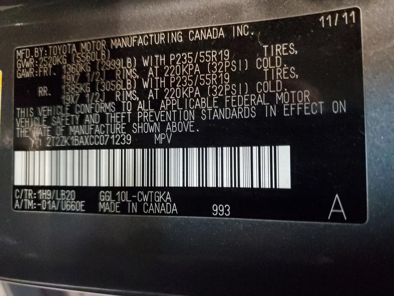 2012 Lexus Rx 350 VIN: 2T2ZK1BAXCC071239 Lot: 93337835