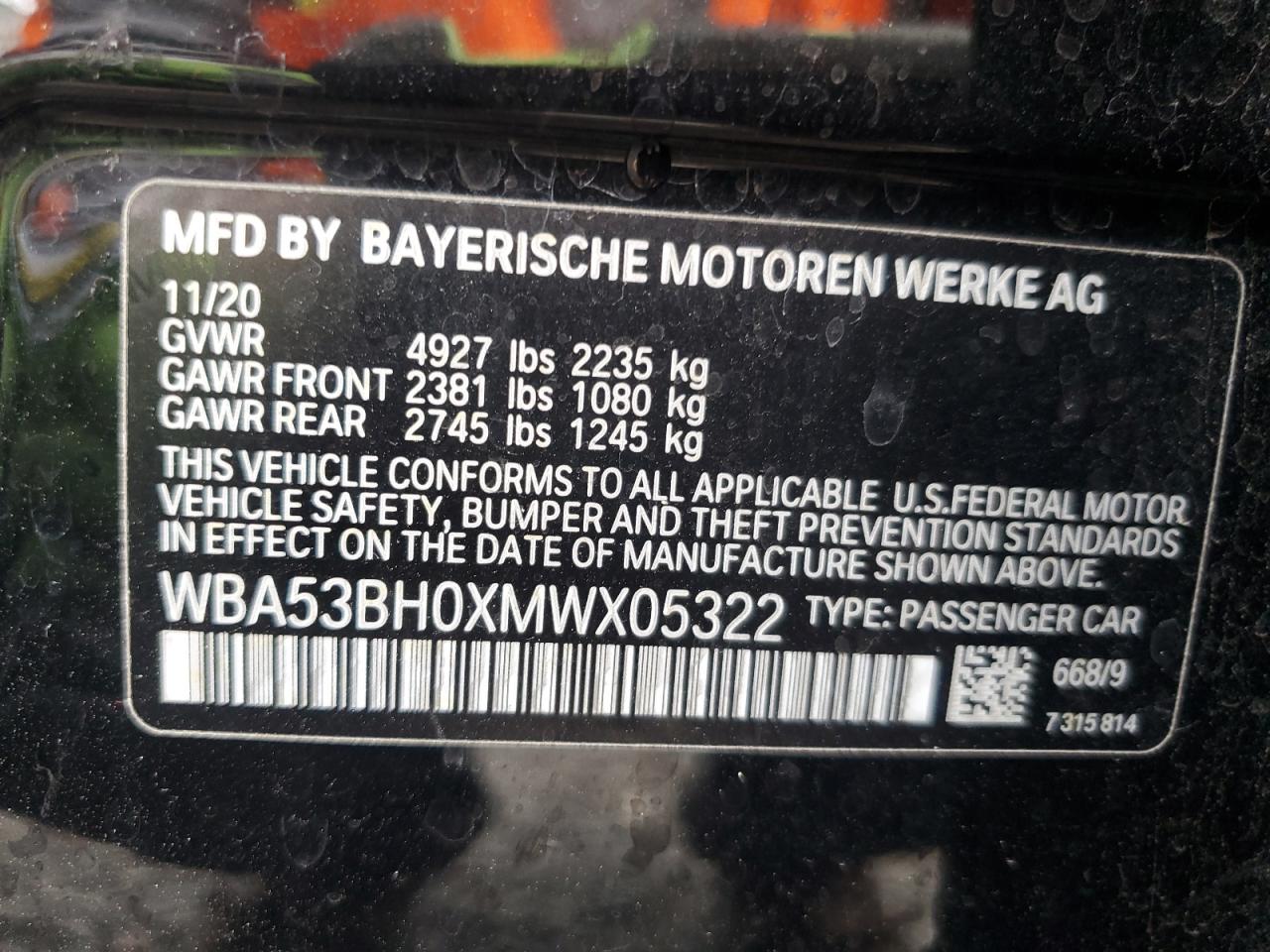 2021 BMW 530 I VIN: WBA53BH0XMWX05322 Lot: 93603745
