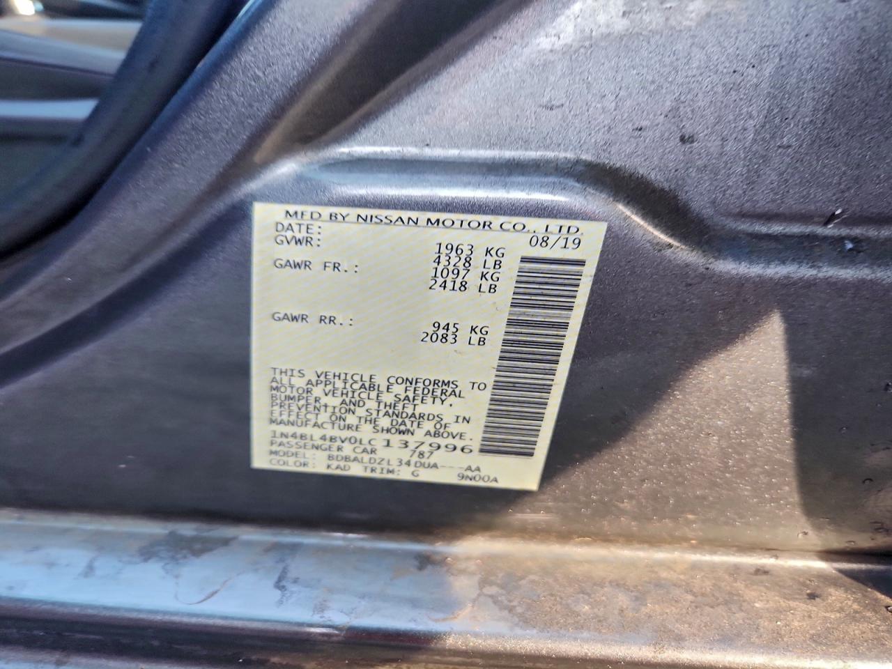 2020 Nissan Altima S VIN: 1N4BL4BV0LC137996 Lot: 93404245