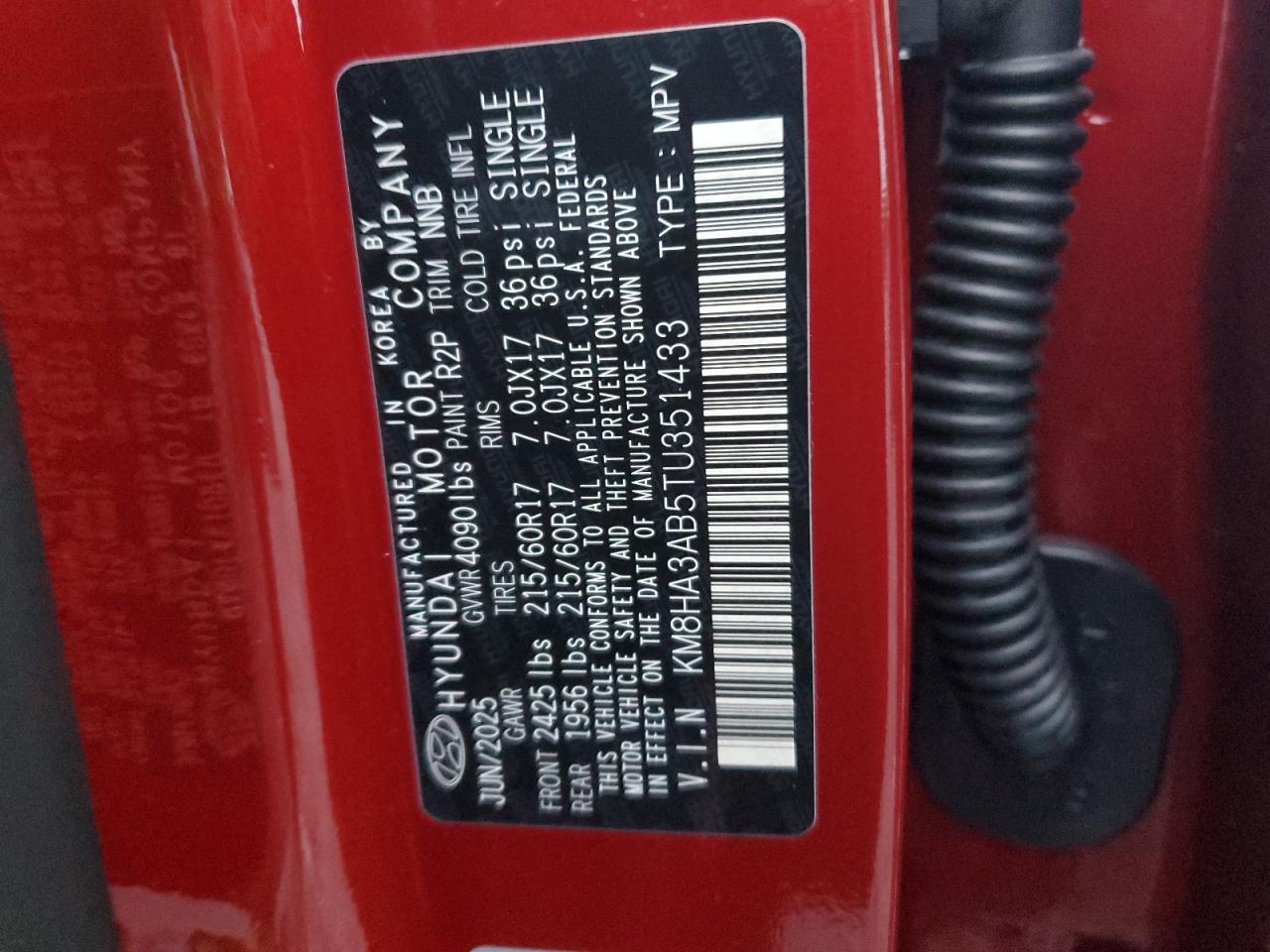 2026 Hyundai Kona Se VIN: KM8HA3AB5TU351433 Lot: 93700855