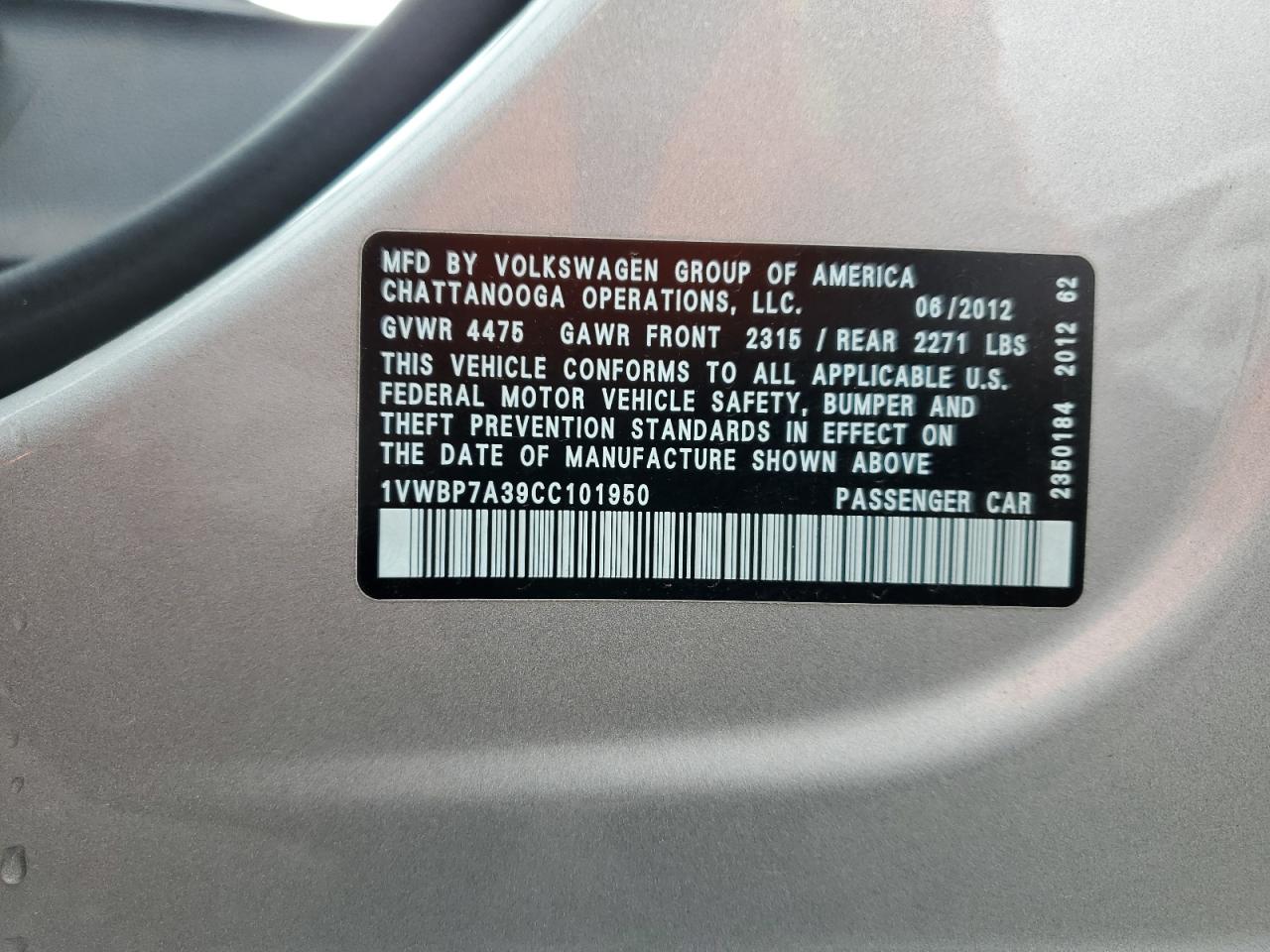 2012 Volkswagen Passat Se VIN: 1VWBP7A39CC101950 Lot: 93102355