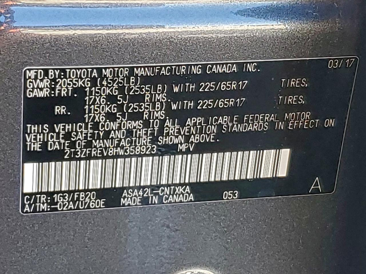 2017 Toyota Rav4 Le VIN: 2T3ZFREV8HW358923 Lot: 94576195