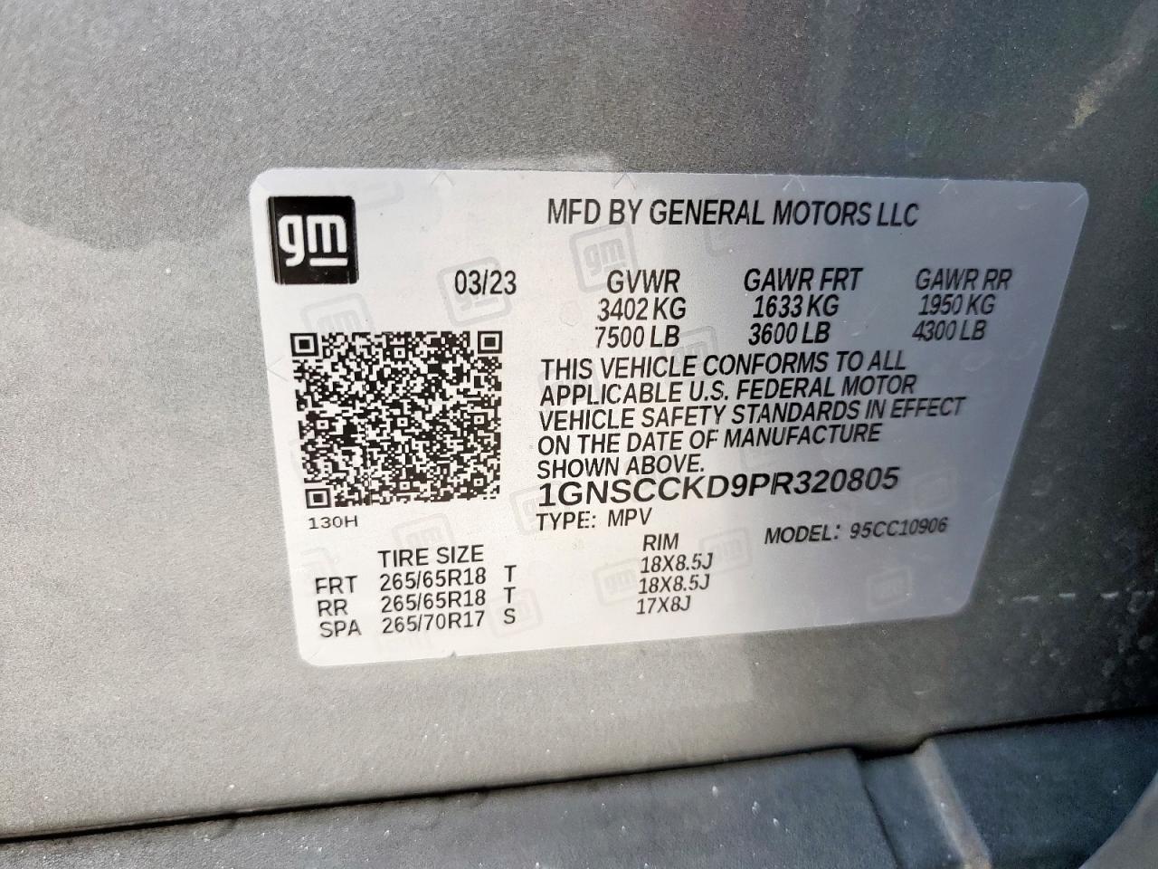 2023 Chevrolet Suburban C1500 Lt VIN: 1GNSCCKD9PR320805 Lot: 92112635