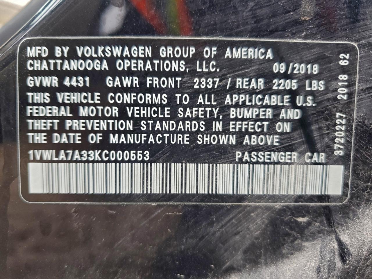 2019 Volkswagen Passat Wolfsburg VIN: 1VWLA7A33KC000553 Lot: 94149195