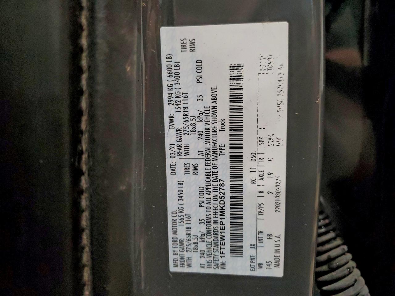 2021 Ford F150 Supercrew VIN: 1FTEW1EP1MKD52787 Lot: 93827985