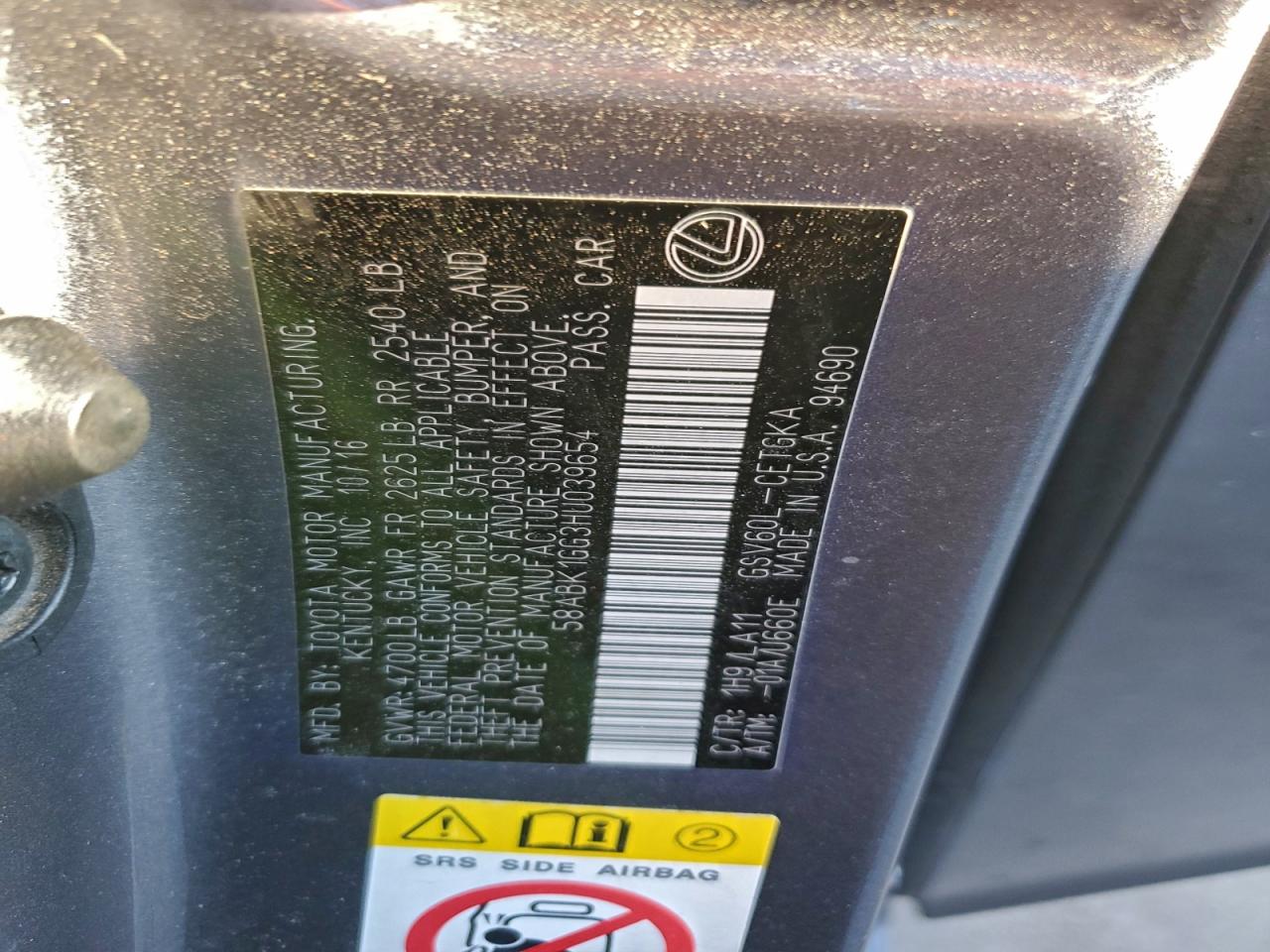 2017 Lexus Es 350 VIN: 58ABK1GG3HU039654 Lot: 94515395