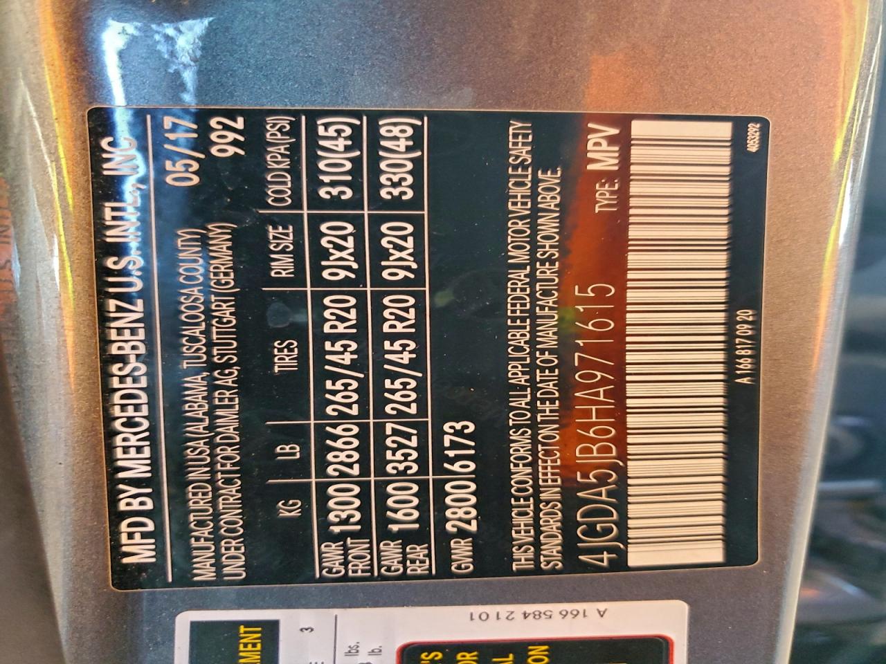 2017 Mercedes-Benz Gle 350 VIN: 4JGDA5JB6HA971615 Lot: 94421385