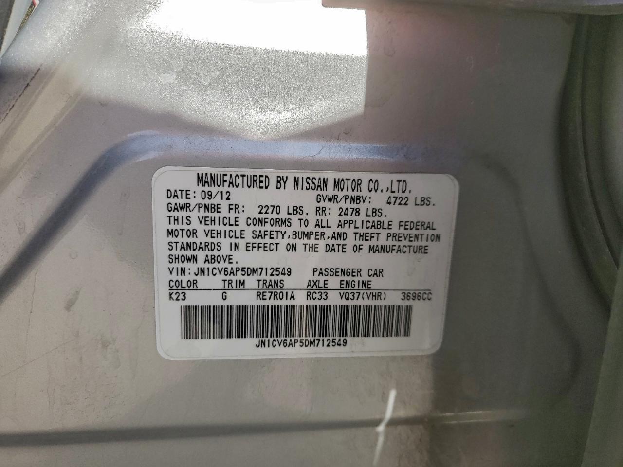 2013 Infiniti G37 Base VIN: JN1CV6AP5DM712549 Lot: 93035925