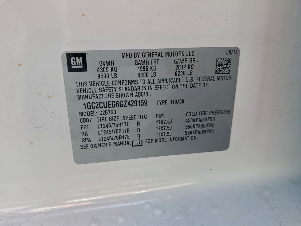 2016 Chevrolet Silverado C2500 Heavy Duty VIN: 1GC2CUEG6GZ429159 Lot: 93957125