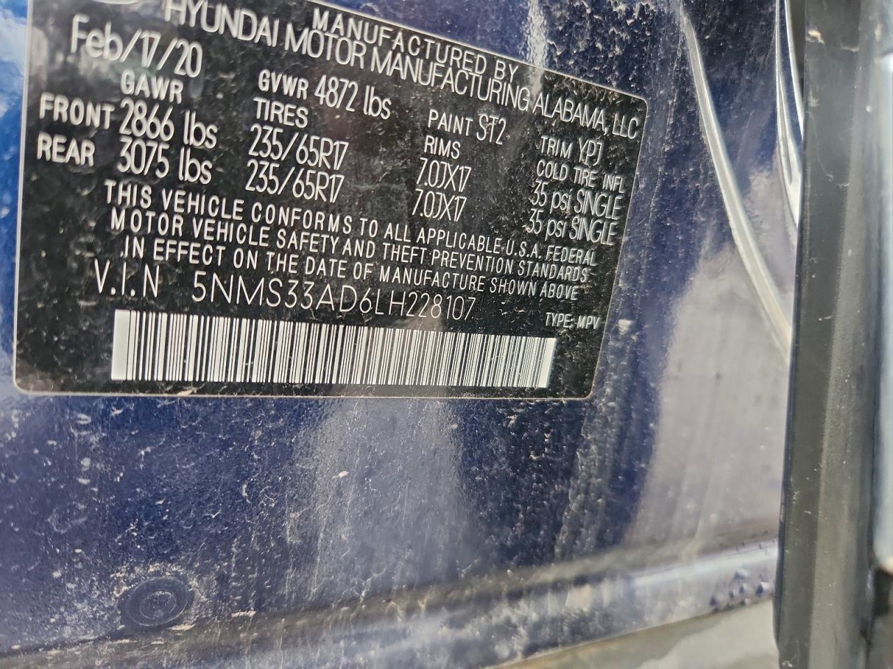 2020 Hyundai Santa Fe Sel VIN: 5NMS33AD6LH228107 Lot: 93928775