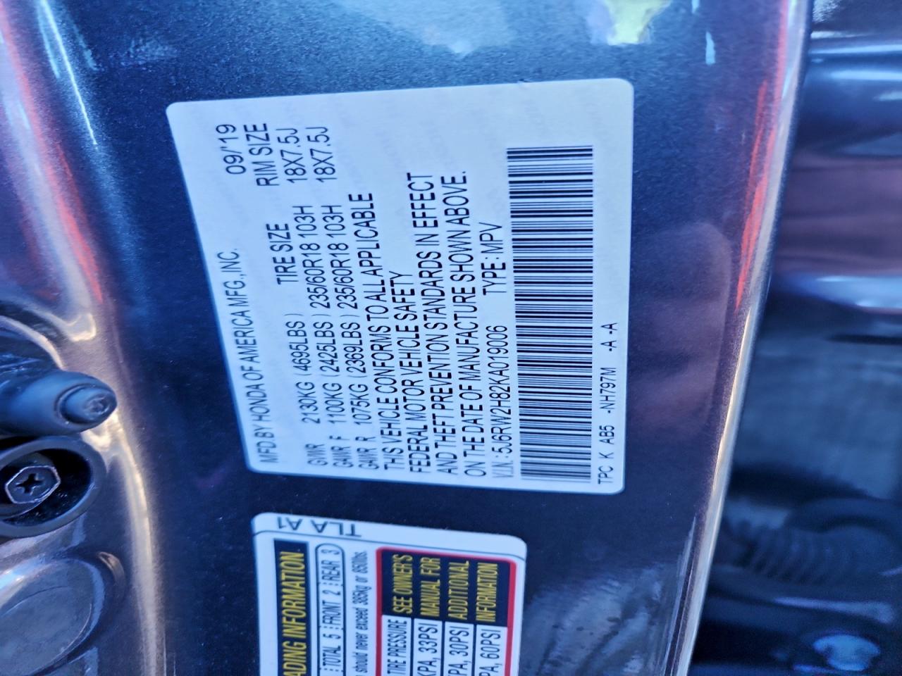 2019 Honda Cr-V Exl VIN: 5J6RW2H82KA019006 Lot: 92908405