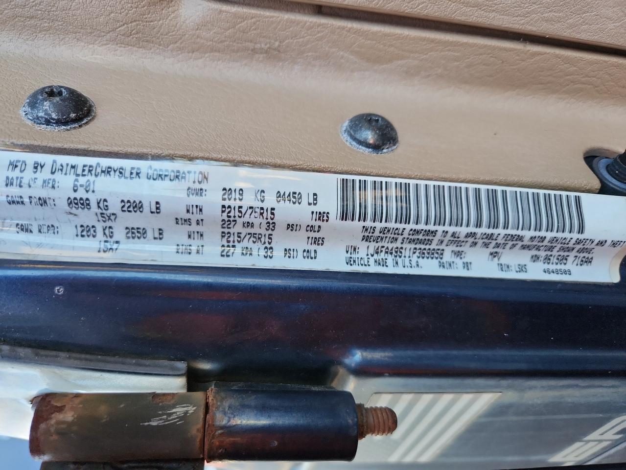 2001 Jeep Wrangler / Tj Sport VIN: 1J4FA49S11P369858 Lot: 92529055