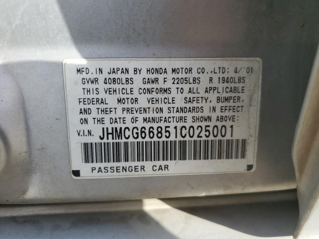 2001 Honda Accord Ex VIN: JHMCG66851C025001 Lot: 92333495