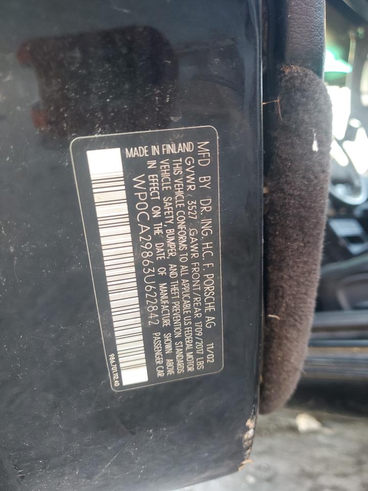 2003 Porsche Boxster VIN: WP0CA29863U622842 Lot: 93232265