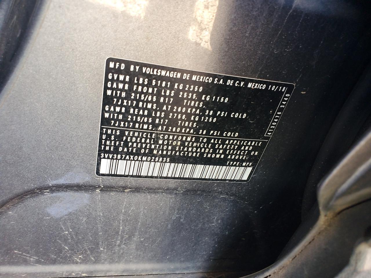 2019 Volkswagen Tiguan Se VIN: 3VV3B7AX0KM029835 Lot: 90731235