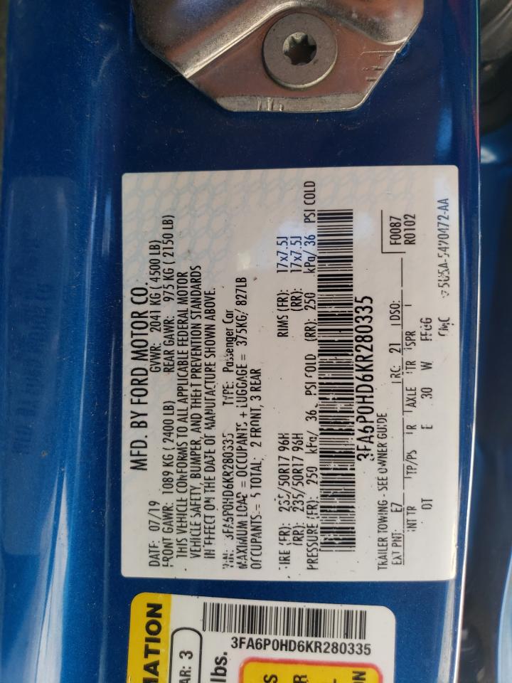 2019 Ford Fusion Se VIN: 3FA6P0HD6KR280335 Lot: 82545985