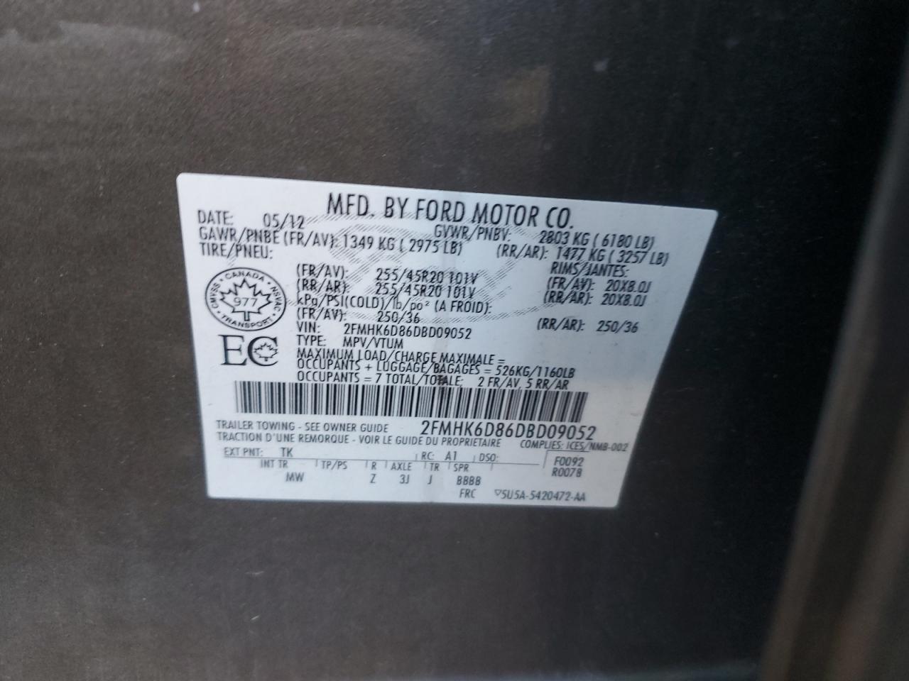 2013 Ford Flex Limited VIN: 2FMHK6D86DBD09052 Lot: 92075725