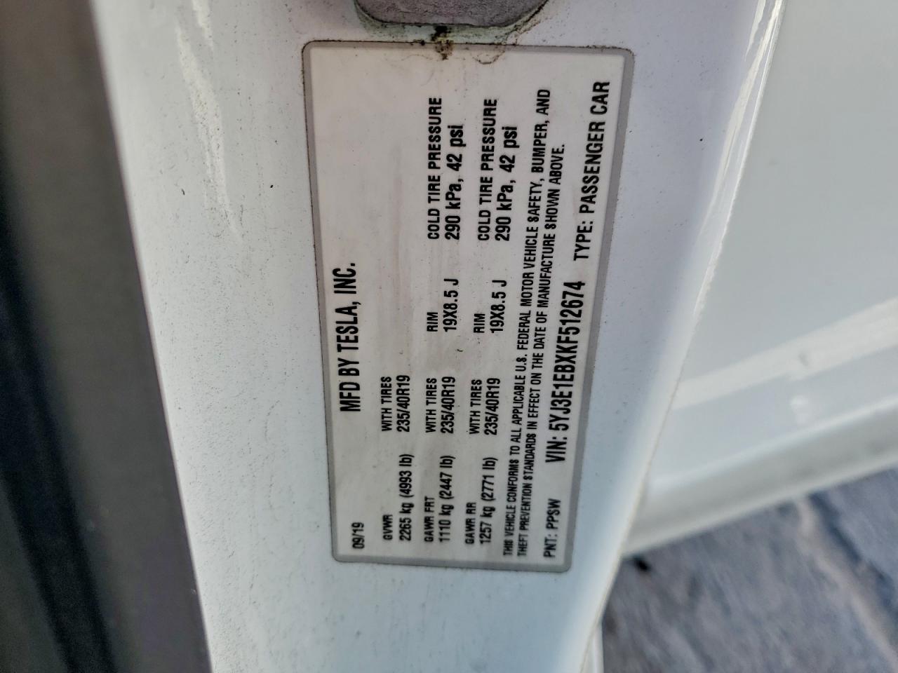 2019 Tesla Model 3 VIN: 5YJ3E1EBXKF512674 Lot: 94137985