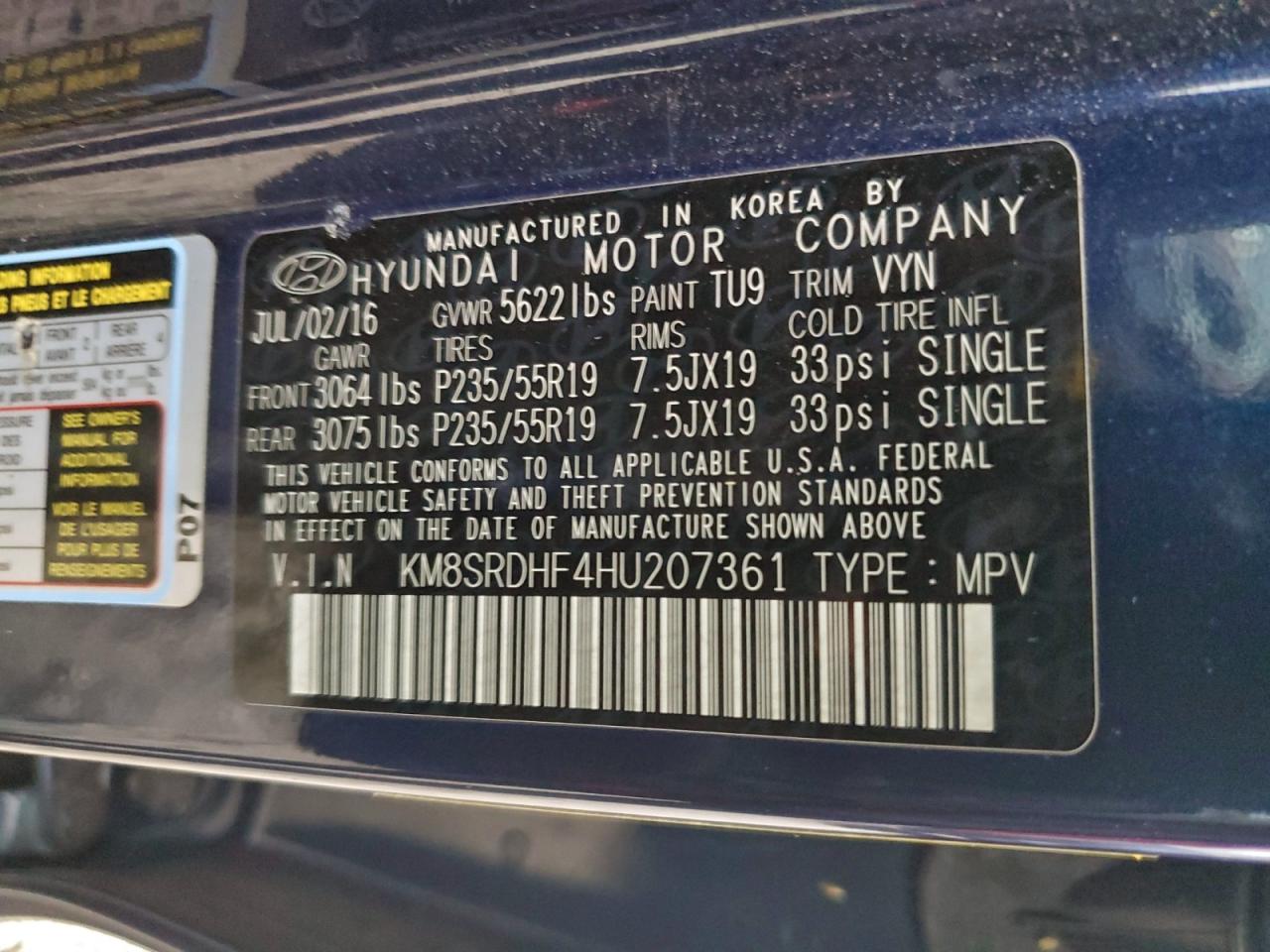 2017 Hyundai Santa Fe Se Ultimate VIN: KM8SRDHF4HU207361 Lot: 93872515