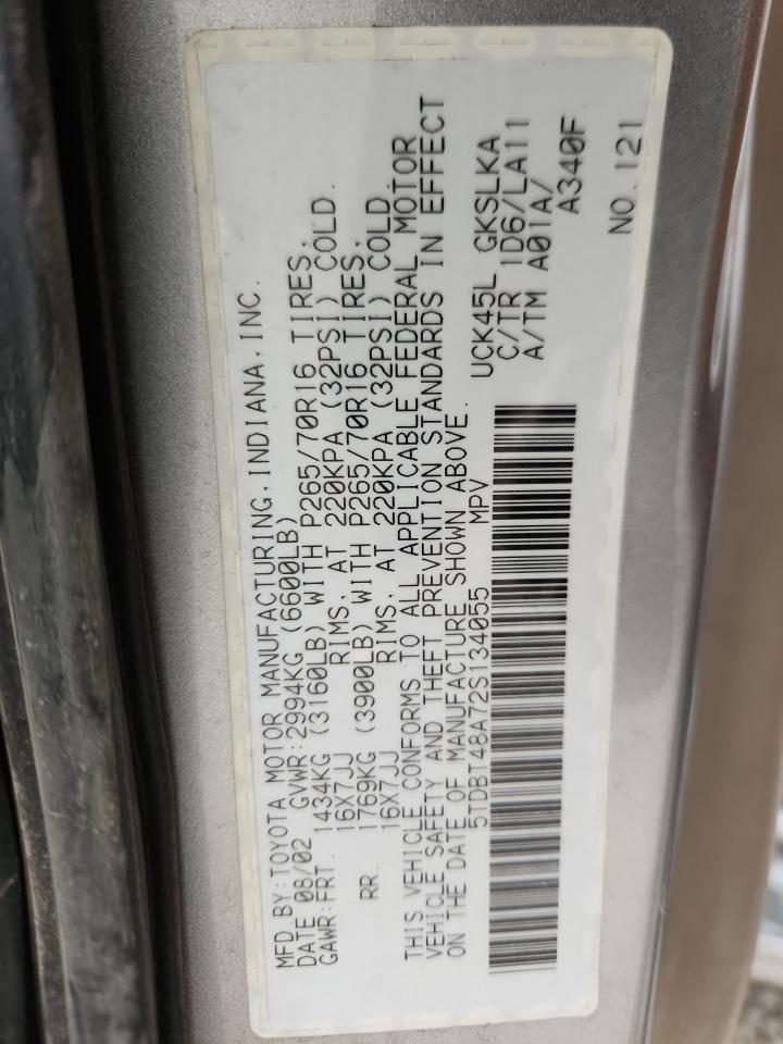 2002 Toyota Sequoia Limited VIN: 5TDBT48A72S134055 Lot: 91605915