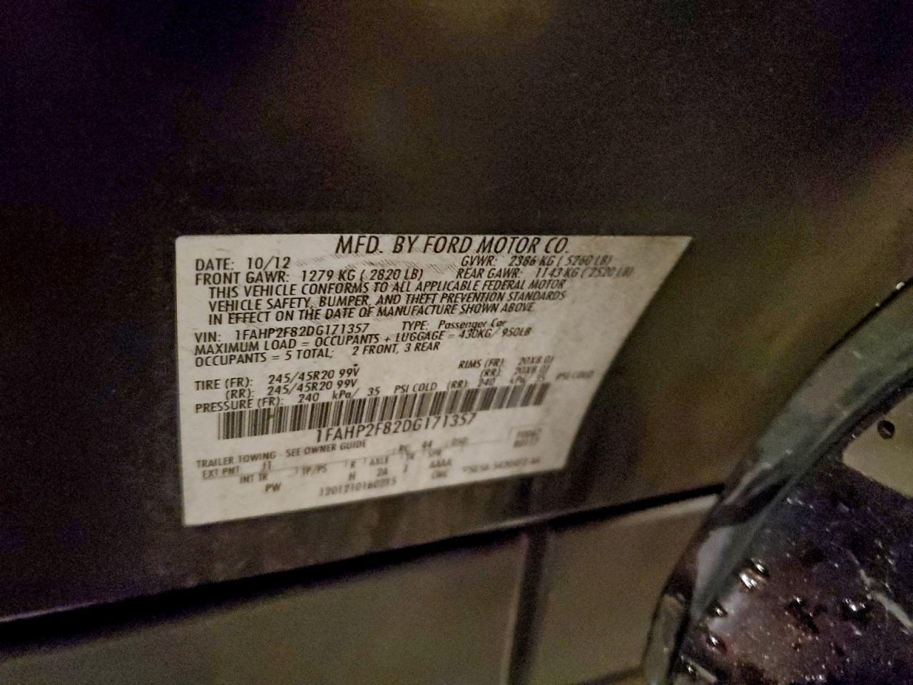 2013 Ford Taurus Limited VIN: 1FAHP2F82DG171357 Lot: 93280125