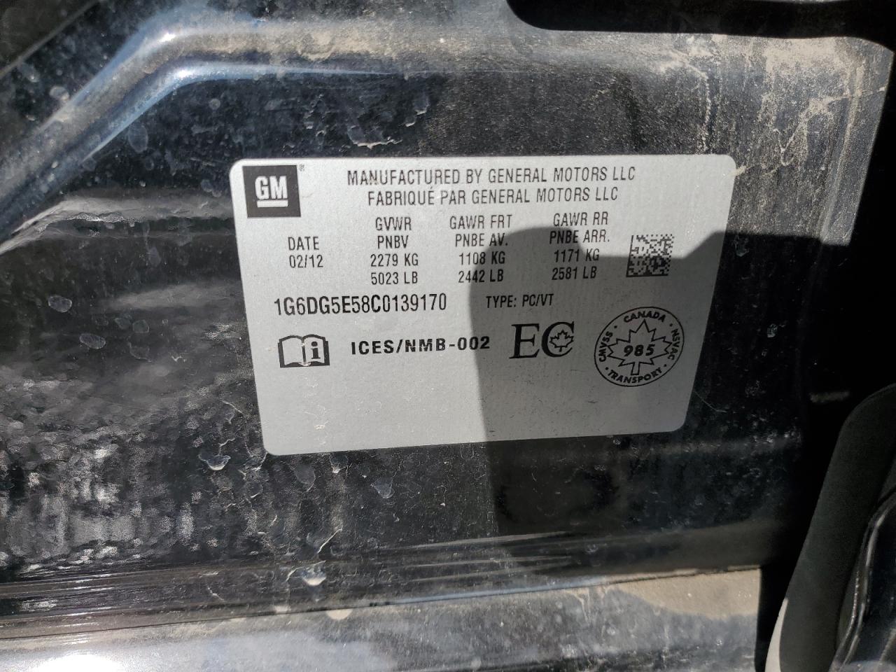 2012 Cadillac Cts Luxury Collection VIN: 1G6DG5E58C0139170 Lot: 93610935