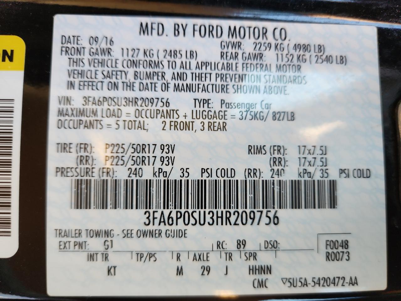 2017 Ford Fusion Titanium Phev VIN: 3FA6P0SU3HR209756 Lot: 92090275