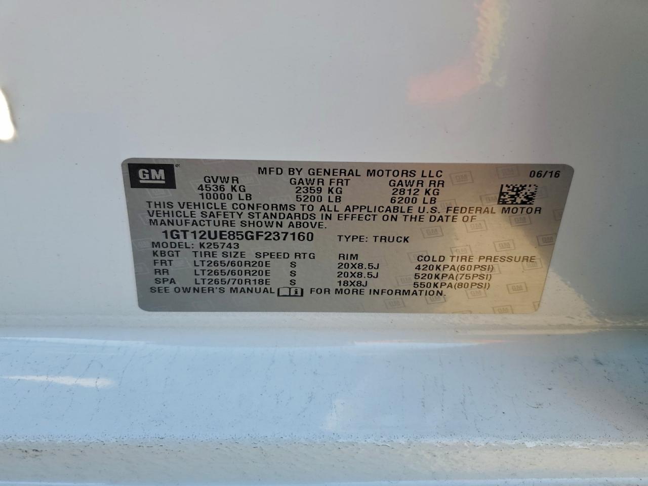 2016 GMC Sierra K2500 Denali VIN: 1GT12UE85GF237160 Lot: 93258265