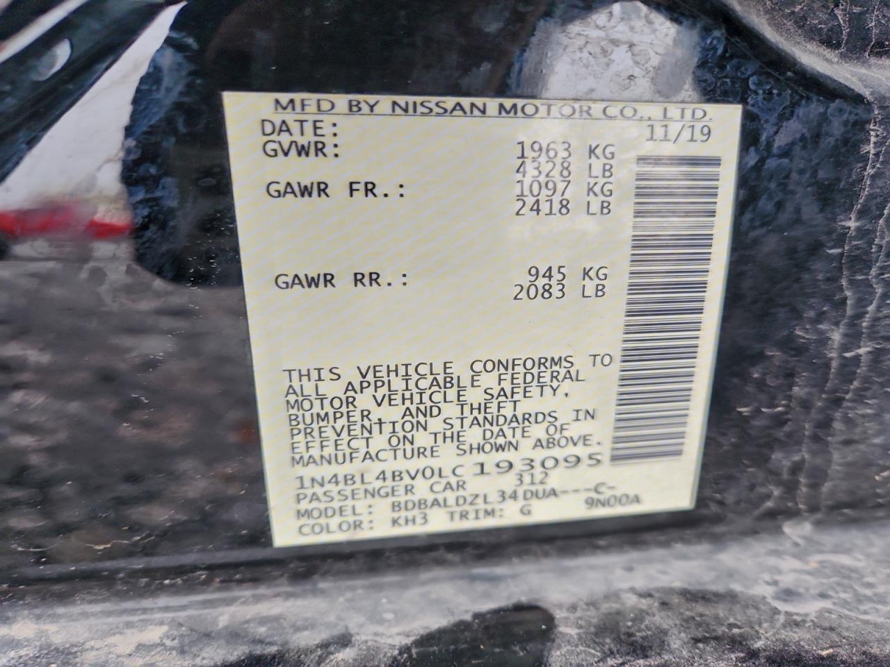 2020 Nissan Altima S VIN: 1N4BL4BV0LC193095 Lot: 94440845